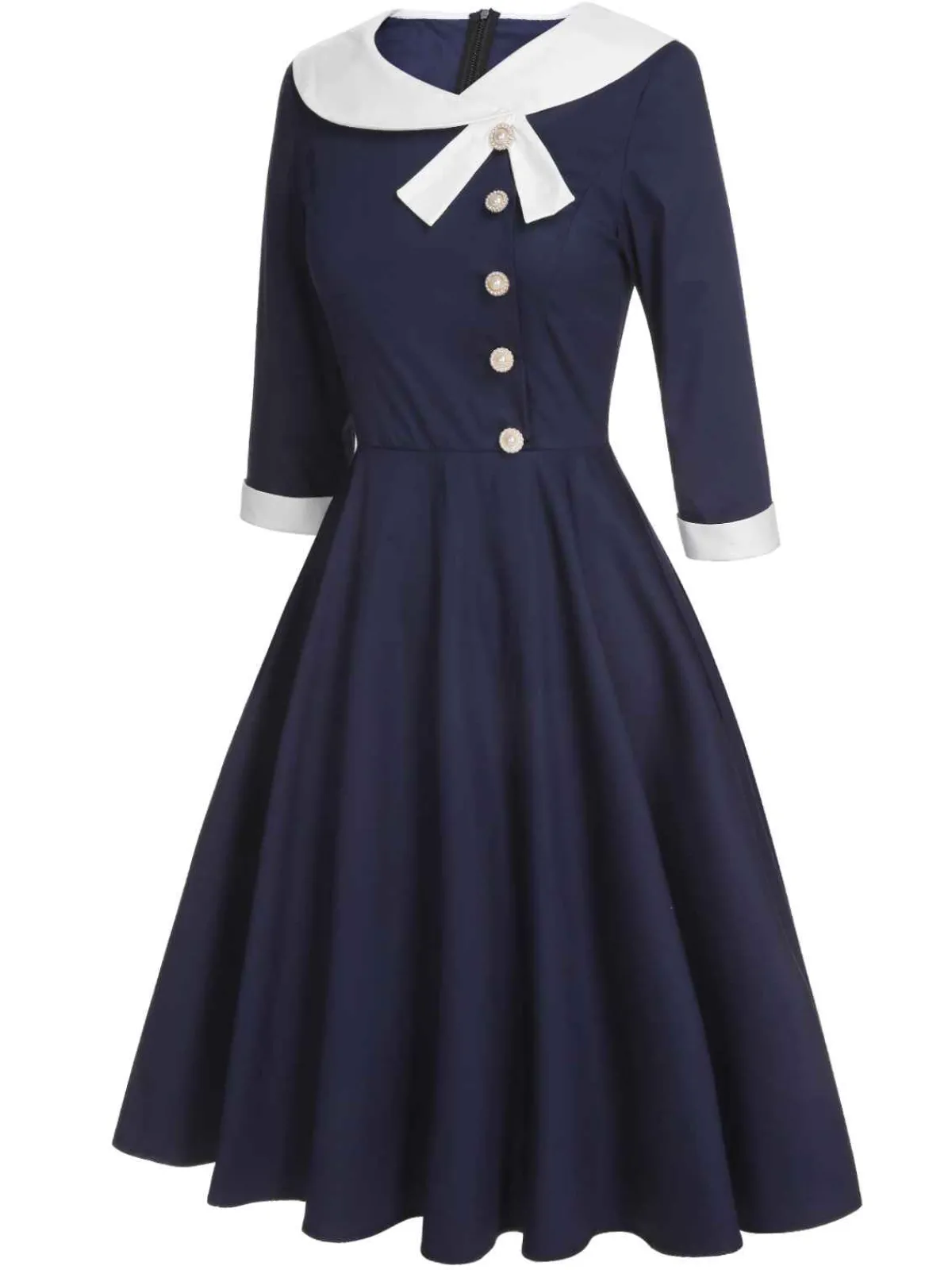 Discount Retro Stage 1950s Lapel Patchwork Dress Dark Blue