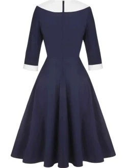 Discount Retro Stage 1950s Lapel Patchwork Dress Dark Blue