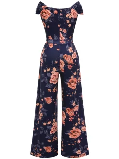 Best Retro Stage 1960s Off-Shoulder Floral Jumpsuit Dark Blue