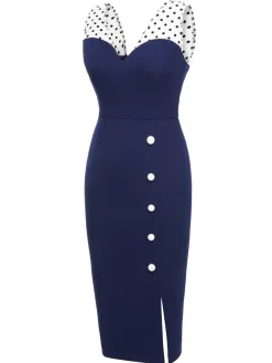 Discount Retro Stage 1960s Patchwork Pencil Dress Dark Blue
