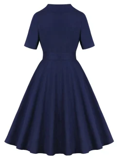 New Retro Stage 1950s Peter Pan Collar Belted Dress Dark Blue