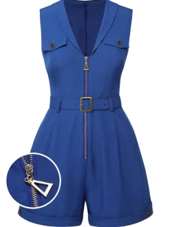 Hot Retro Stage 1940s Pockets Lapel Romper Dark Blue