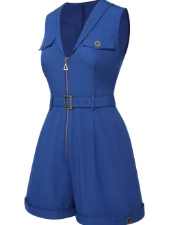 Hot Retro Stage 1940s Pockets Lapel Romper Dark Blue