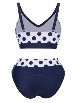 Outlet Retro Stage 1950s Polka Dot Bow Patchwork Bikini Set Dark Blue
