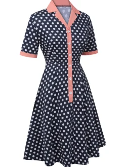 Fashion Retro Stage 1950s Polka Dot Lapel Dress Dark Blue