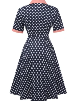 Fashion Retro Stage 1950s Polka Dot Lapel Dress Dark Blue