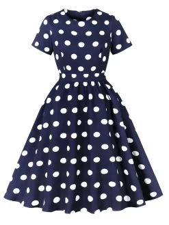 New Retro Stage 1950s Polka Dot Swing Dress Dark Blue
