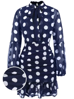 Clearance Retro Stage 1930s Polka Dots Hollow Out Ruffle Dress Dark Blue