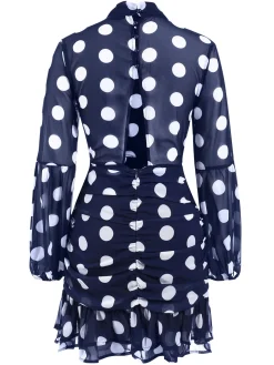 Clearance Retro Stage 1930s Polka Dots Hollow Out Ruffle Dress Dark Blue
