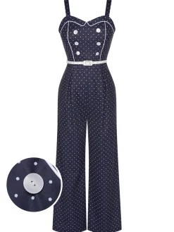 Clearance Retro Stage 1930s Polka Dots Straps Jumpsuit Dark Blue