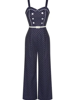 Clearance Retro Stage 1930s Polka Dots Straps Jumpsuit Dark Blue