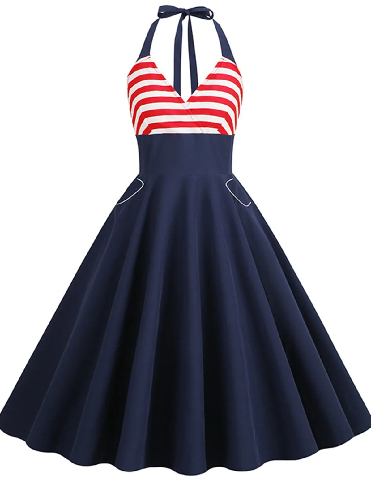 Discount Retro Stage 1950s Red & White Stripes Halter Dress Dark Blue