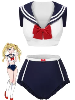Discount Retro Stage 1970s Sailor Collar Bow Swimsuit Dark Blue