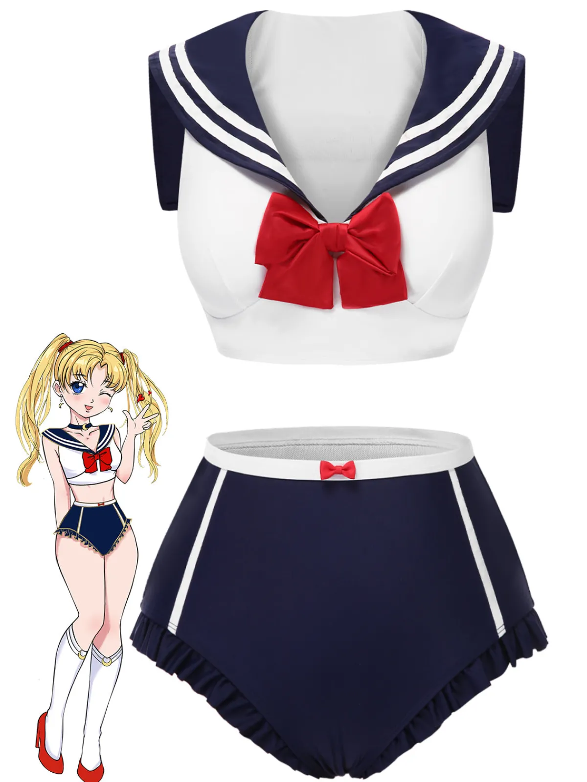 Discount Retro Stage 1970s Sailor Collar Bow Swimsuit Dark Blue