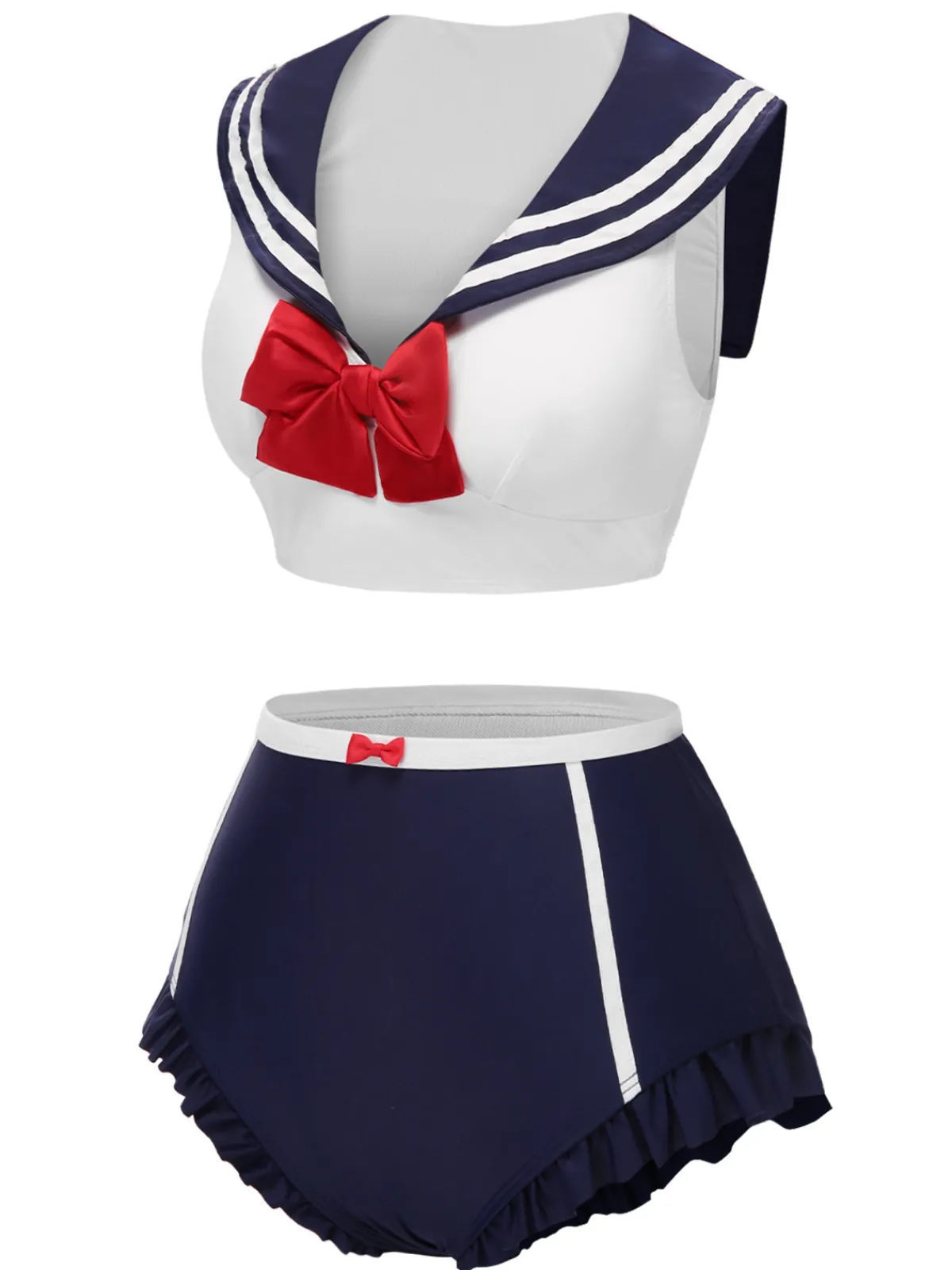 Discount Retro Stage 1970s Sailor Collar Bow Swimsuit Dark Blue