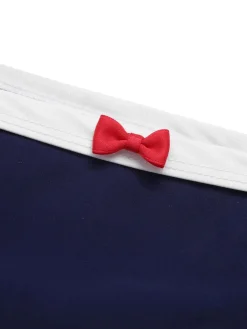 Discount Retro Stage 1970s Sailor Collar Bow Swimsuit Dark Blue