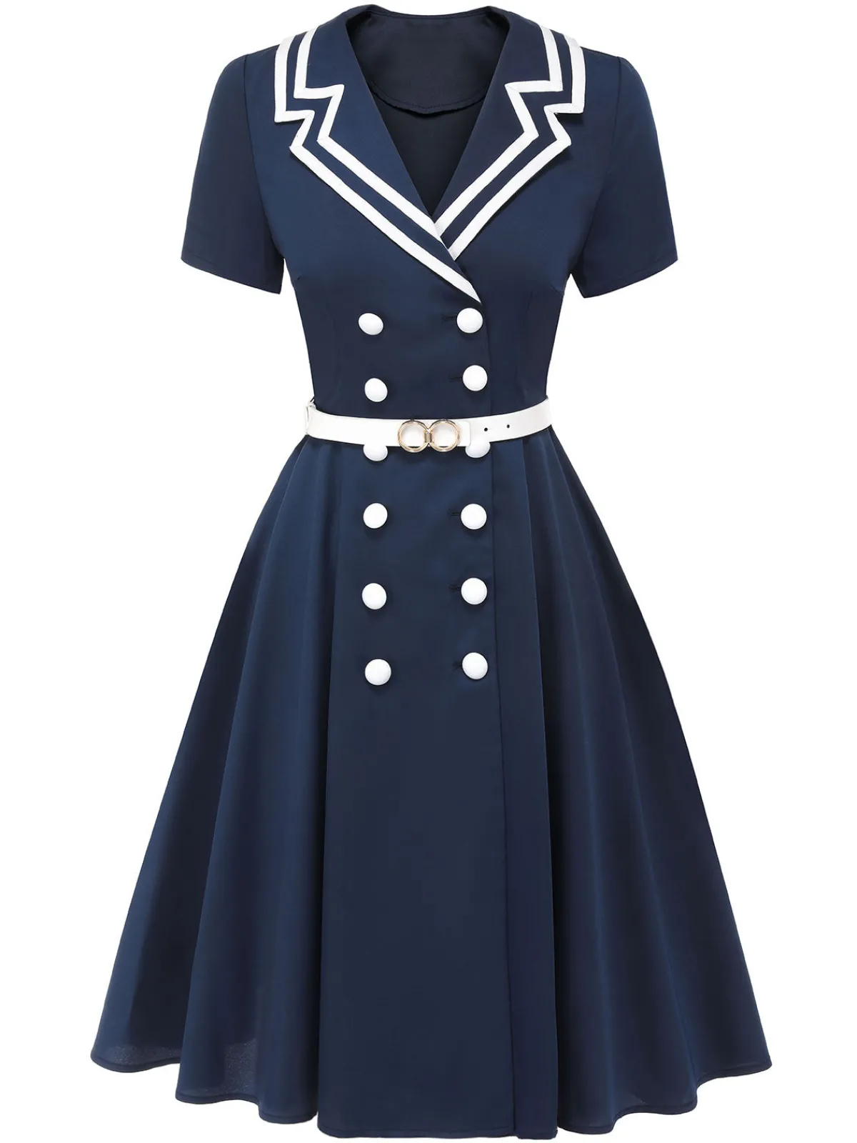 Outlet Retro Stage 1950s Sailor Style Double Breasted Dress Dark Blue