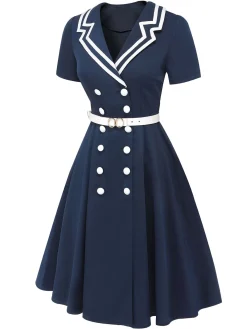 Outlet Retro Stage 1950s Sailor Style Double Breasted Dress Dark Blue