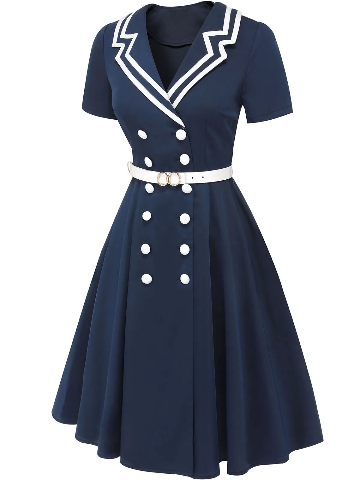 Outlet Retro Stage 1950s Sailor Style Double Breasted Dress Dark Blue