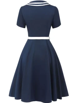 Outlet Retro Stage 1950s Sailor Style Double Breasted Dress Dark Blue