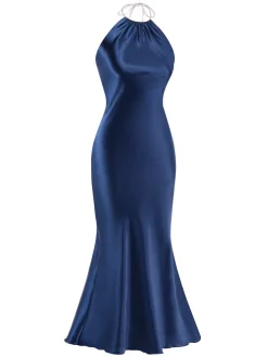 New Retro Stage 1930s Satin Halter Mermaid Dress Dark Blue