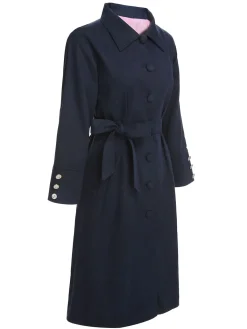 Sale Retro Stage 1950s Solid Belted Coat Dark Blue