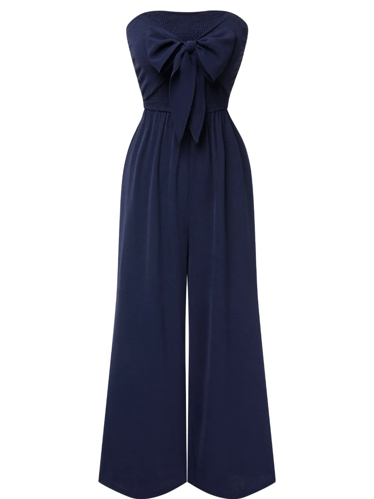 Clearance Retro Stage 1960s Solid Bow Strapless Jumpsuit Dark Blue