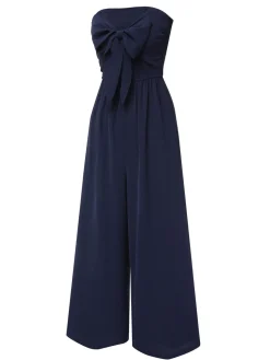 Clearance Retro Stage 1960s Solid Bow Strapless Jumpsuit Dark Blue