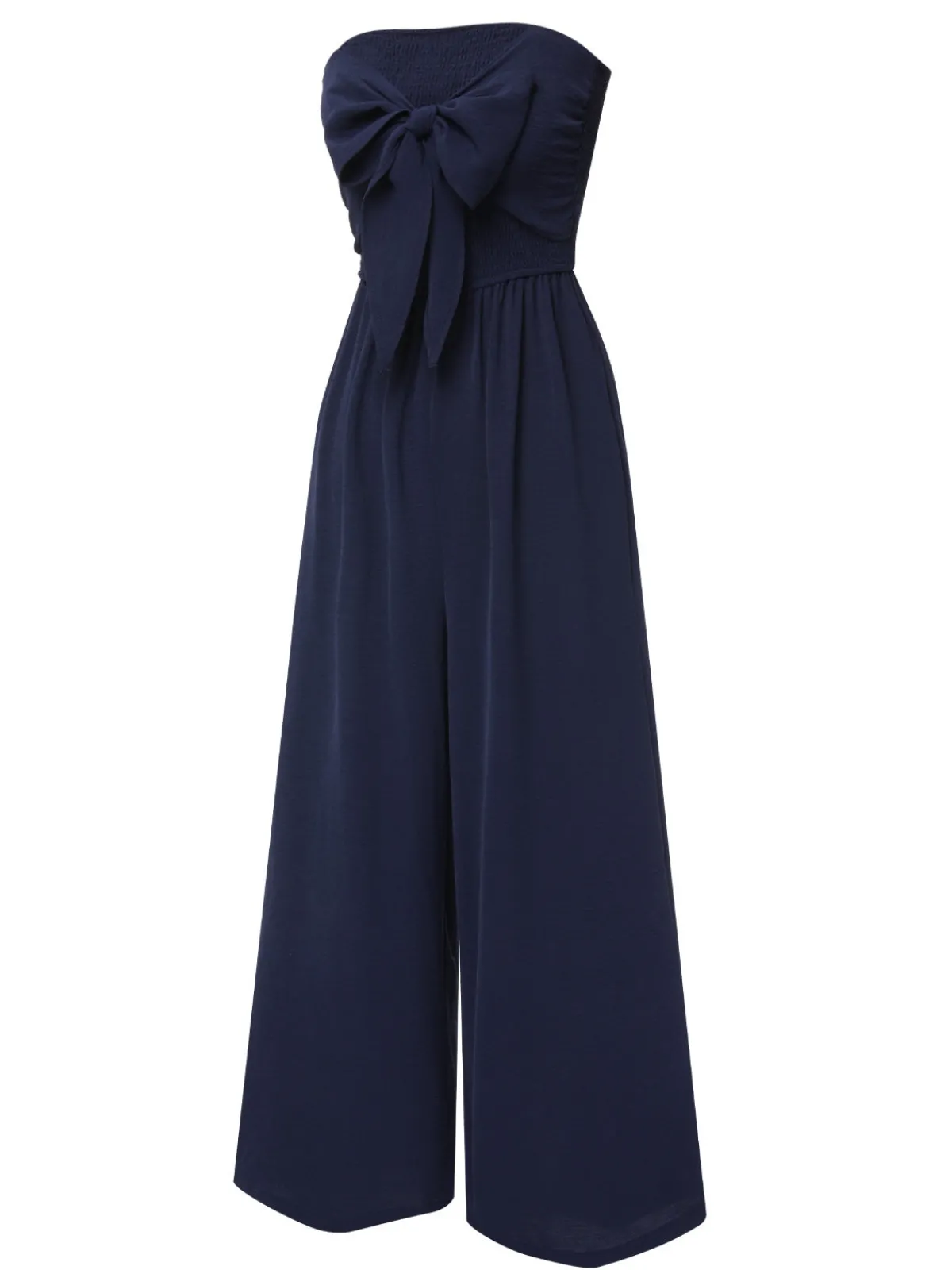 Clearance Retro Stage 1960s Solid Bow Strapless Jumpsuit Dark Blue