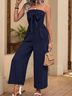 Clearance Retro Stage 1960s Solid Bow Strapless Jumpsuit Dark Blue