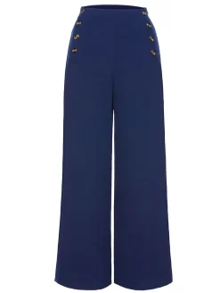 New Retro Stage 1950s Solid Button Wide-leg Pants Dark Blue
