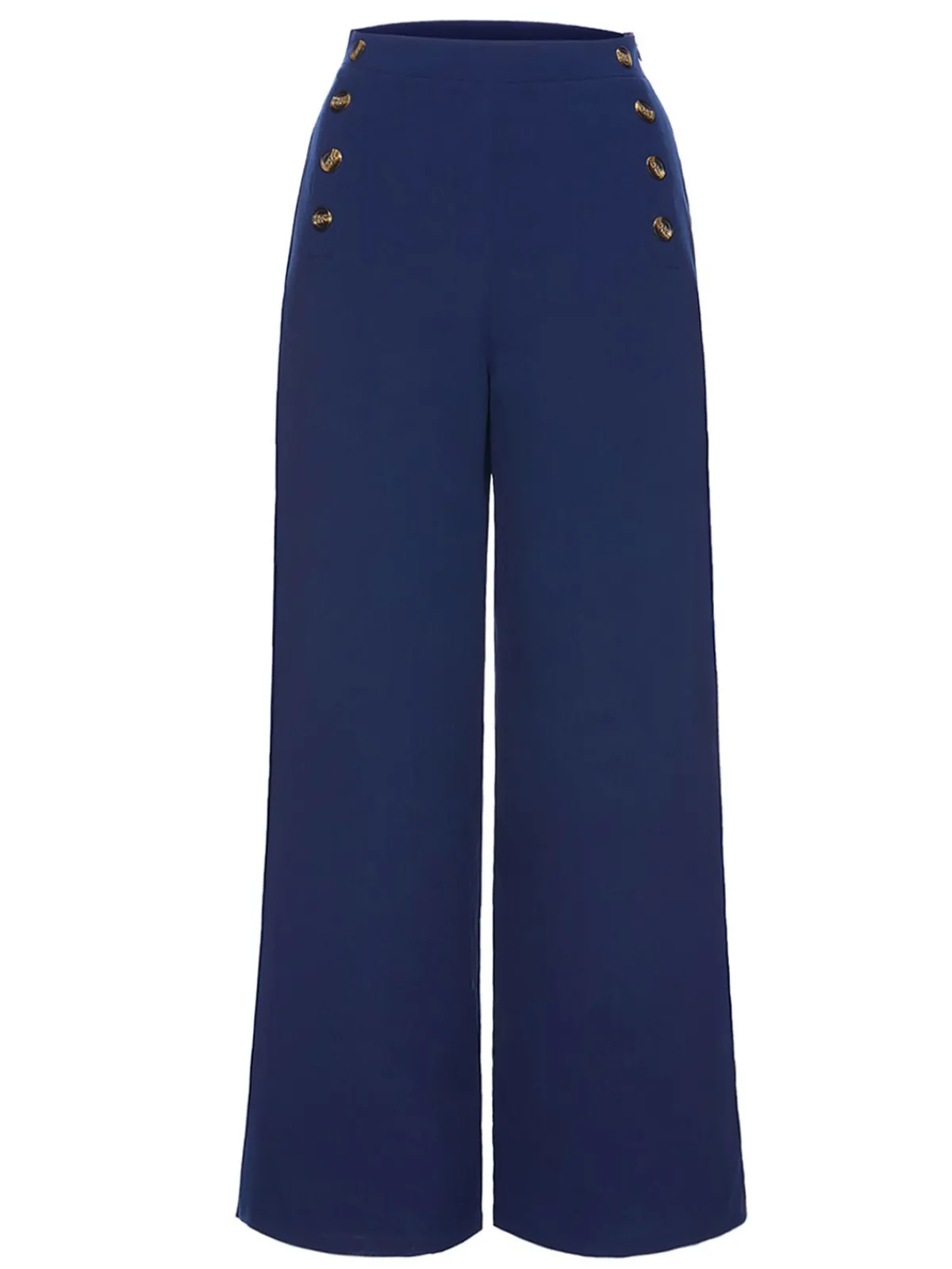 New Retro Stage 1950s Solid Button Wide-leg Pants Dark Blue
