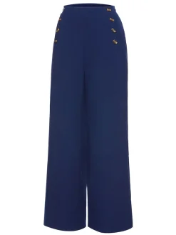 New Retro Stage 1950s Solid Button Wide-leg Pants Dark Blue