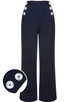 Hot Retro Stage 1950s Solid Button Straight Pants Dark Blue