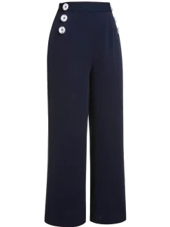 Hot Retro Stage 1950s Solid Button Straight Pants Dark Blue