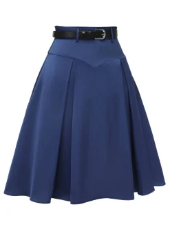 Outlet Retro Stage 1950s Solid High-Waist Pleated Skirt Dark Blue