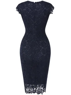 New Retro Stage 1960s Solid Lace Dress Dark Blue