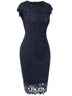 New Retro Stage 1960s Solid Lace Dress Dark Blue