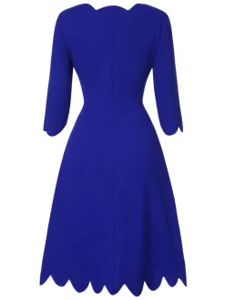 Best Retro Stage 1960s Solid Petal Collar Dress Dark Blue