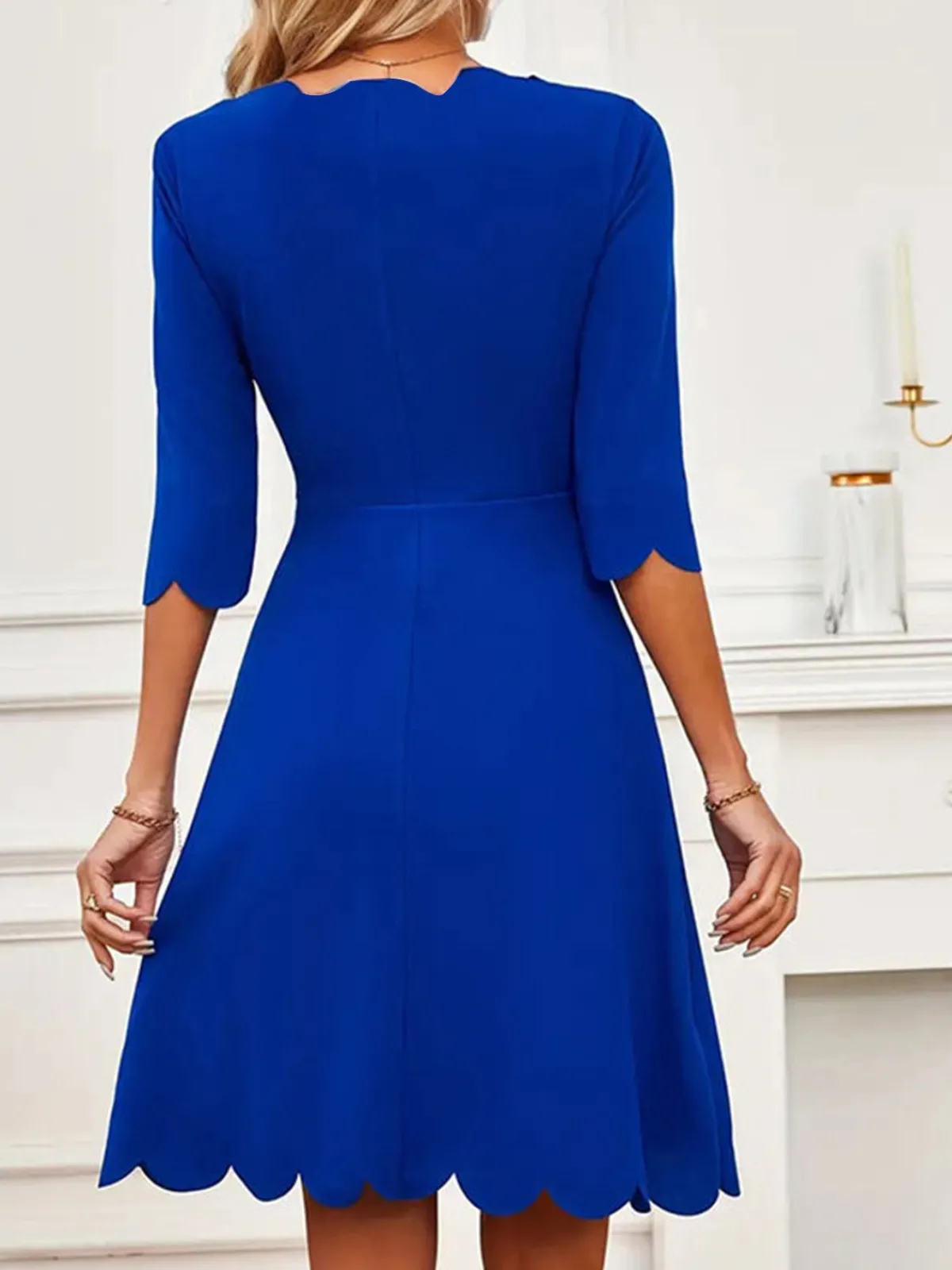 Best Retro Stage 1960s Solid Petal Collar Dress Dark Blue