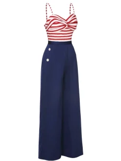Discount Retro Stage 1930s Spaghetti Strap Stripes Jumpsuit Dark Blue