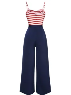 Discount Retro Stage 1930s Spaghetti Strap Stripes Jumpsuit Dark Blue