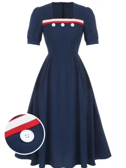 Online Retro Stage 1930s Square Neck Button Puff Dress Dark Blue