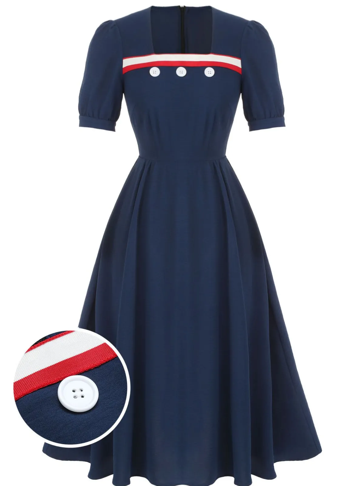 Online Retro Stage 1930s Square Neck Button Puff Dress Dark Blue