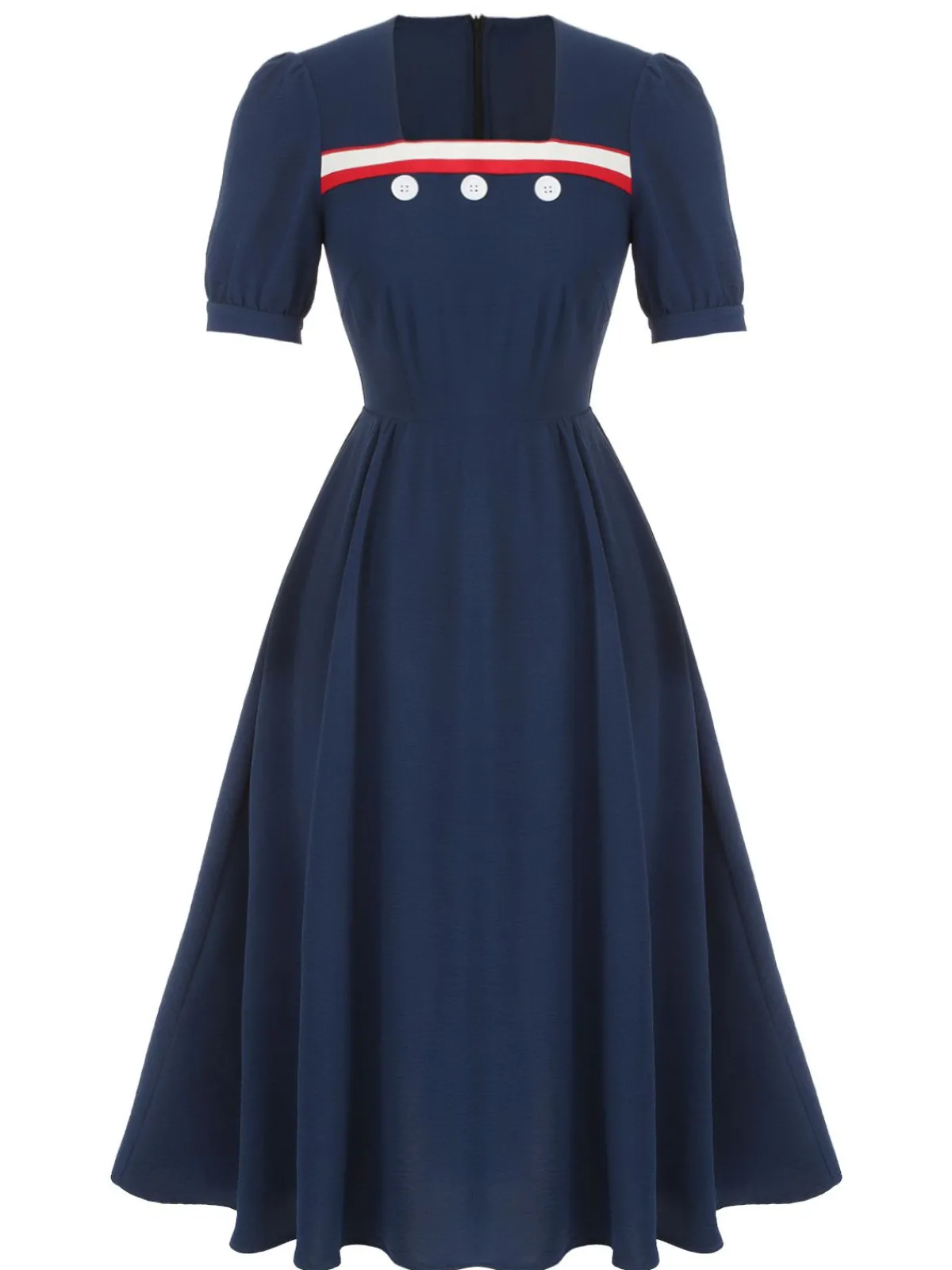 Online Retro Stage 1930s Square Neck Button Puff Dress Dark Blue
