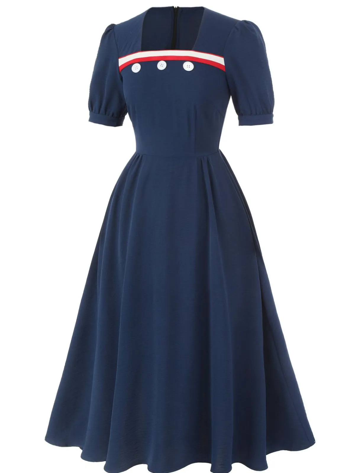 Online Retro Stage 1930s Square Neck Button Puff Dress Dark Blue