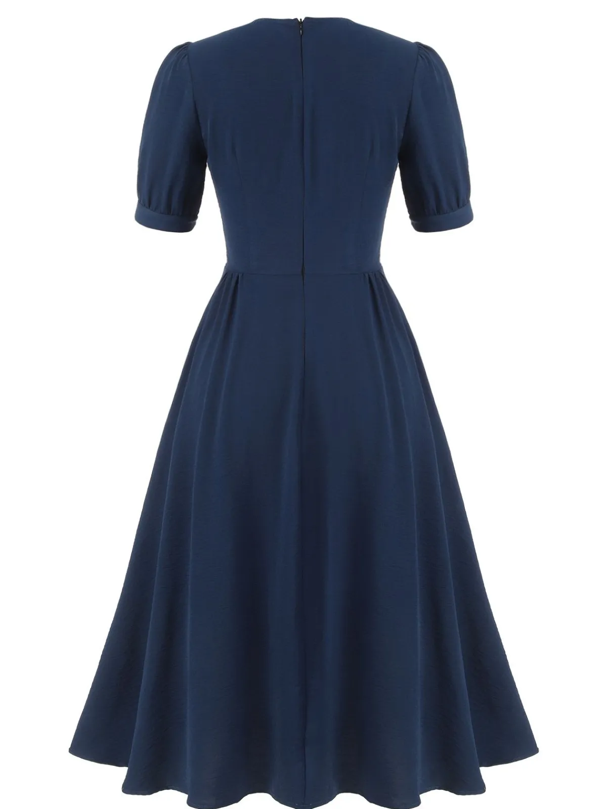 Online Retro Stage 1930s Square Neck Button Puff Dress Dark Blue