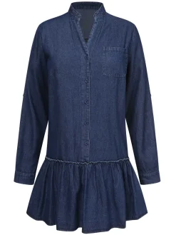 Discount Retro Stage 1940s Stand Collar Ruffle Hem Denim Dress Dark Blue