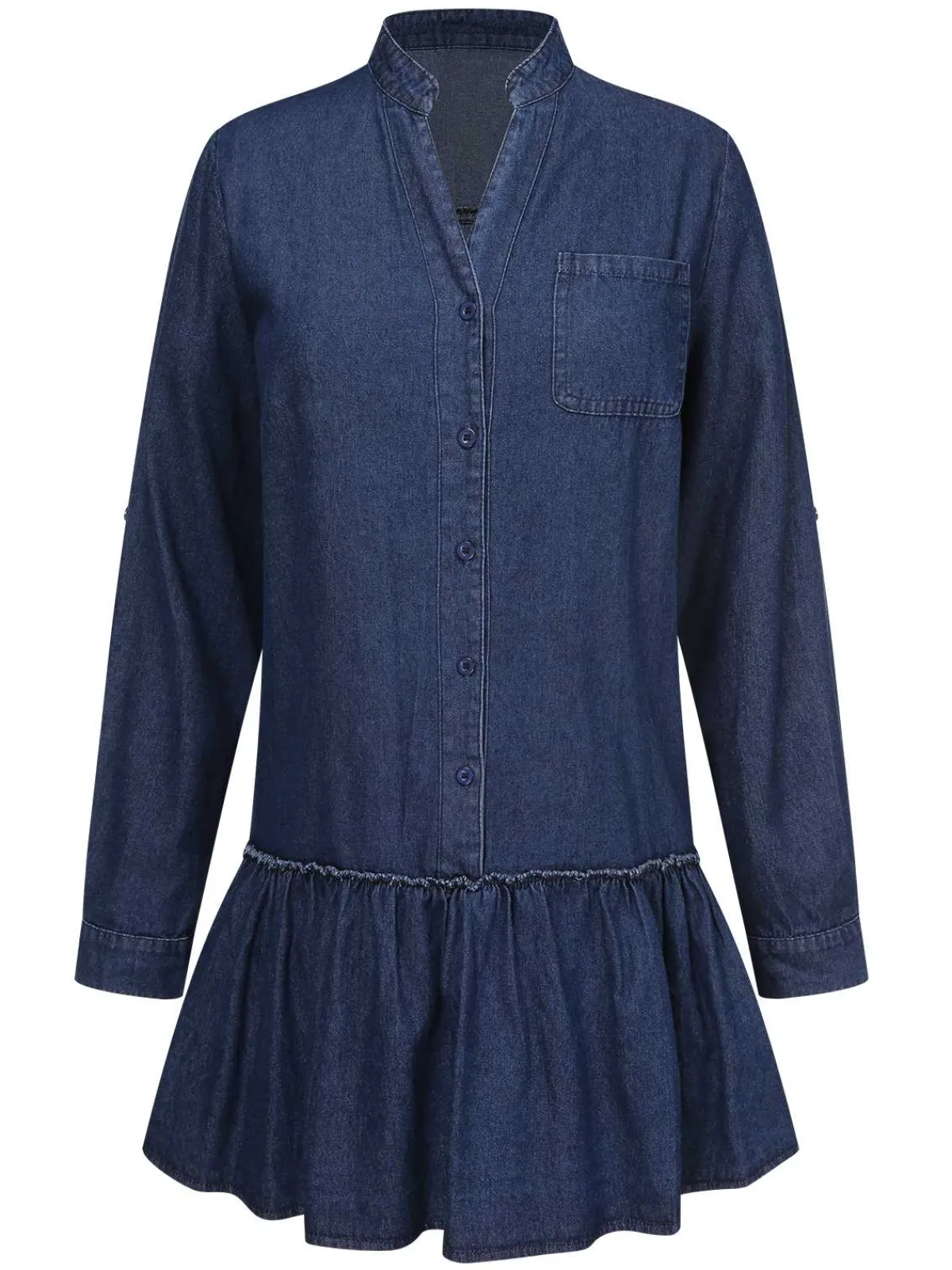 Discount Retro Stage 1940s Stand Collar Ruffle Hem Denim Dress Dark Blue