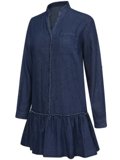 Discount Retro Stage 1940s Stand Collar Ruffle Hem Denim Dress Dark Blue